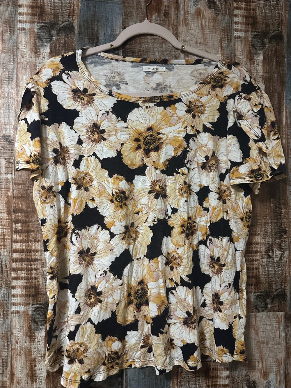 Maurices Black Short-Sleeve Floral Scoop Neck Top with Mustard Accents